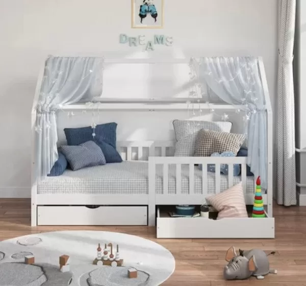 7 - Cama Montessoriana Madeira Maciça Casa com Estrado Nuna Branco Branco - Idimex